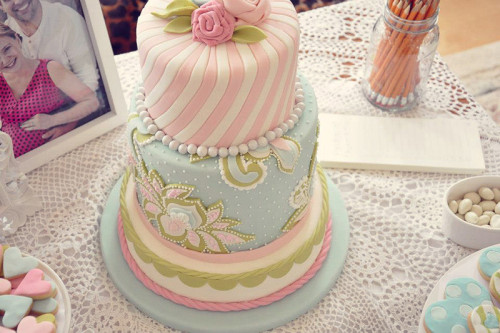 Soft pinks, teal and green baby girl shower cake