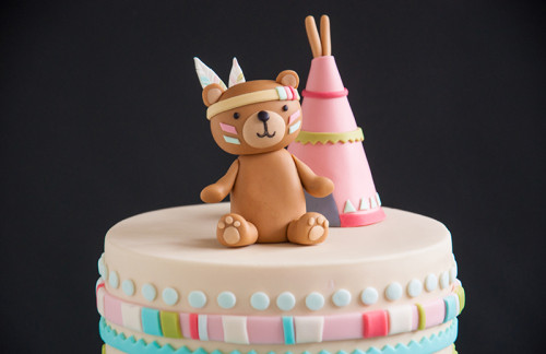 Baby shower cake topper, little native bear and teepee
