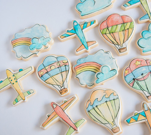 Hot Air balloons, Airplane, clouds and rainbow decorated sugar cookies